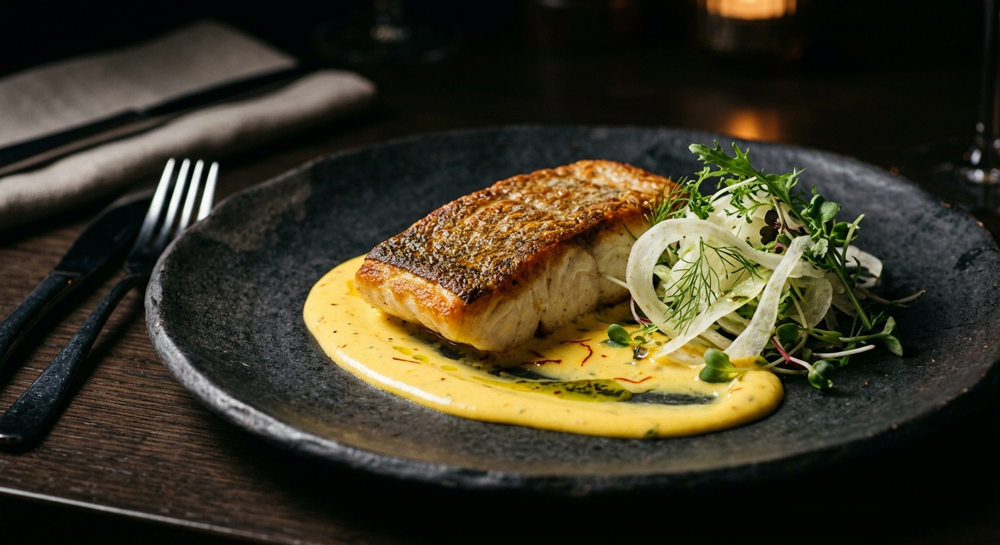 Pan-seared fish with saffron beurre blanc