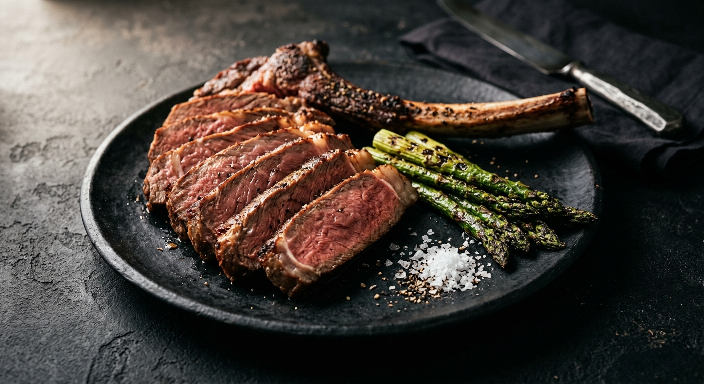 Plated tomahawk steak with charred asparagus